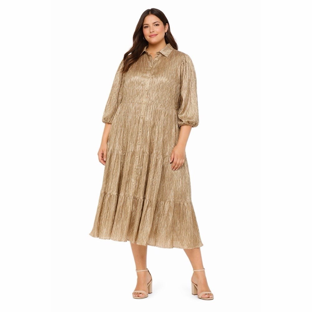 NWT Crown & Ivy Gold Metallic 3/4 Puff Sleeve Midi Shirt Dress